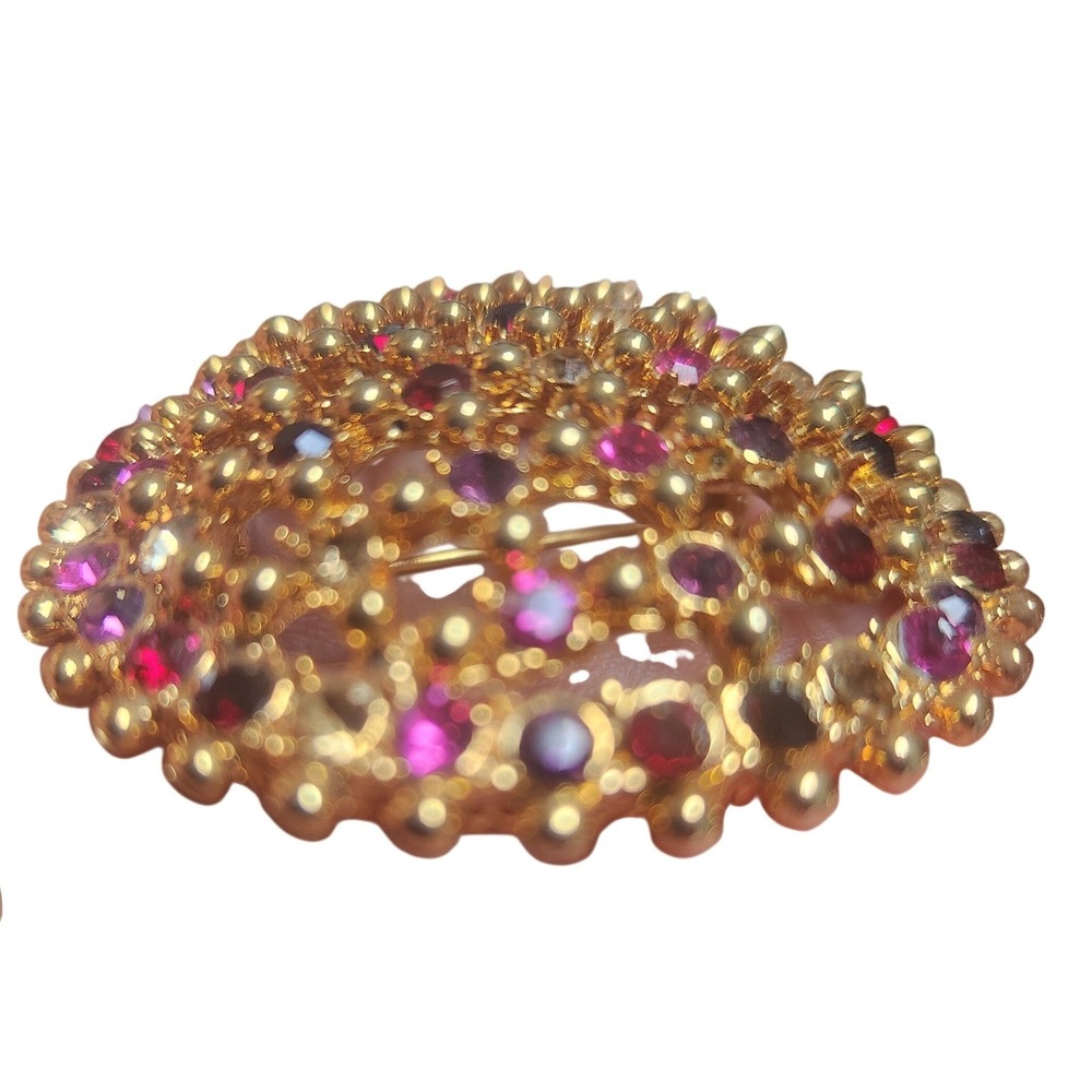 Vintage Gold Tone Round Lattice Brooch Pink Purple Rhinestone Circle Pin